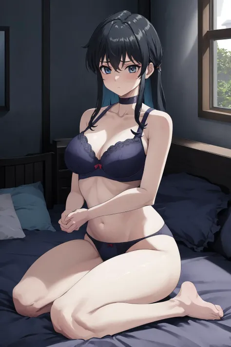 masterpiece, best quality, absurdres, <lora:fujimurashizuru-godannar-richy-v1:1> fujimura shizuru, seiza, bedroom, bed, underwear, bra, panties, bare shoulders, bare arms, bare legs