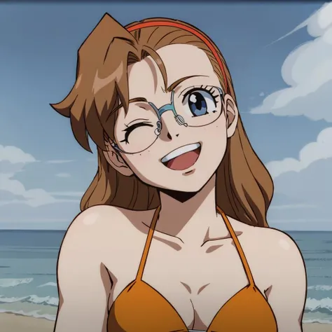 masterpiece,high quality,solo,outdoors,
<lora:beckyfarrah001:0.7>,looking at viewer,smile,open mouth,head tilt,hand up,
beckyfarrah,1girl,
long hair,brown hair,hairband,forelock,blue eye,glasses,one eye closed,(freckles:0.7),
bikini,ocean,