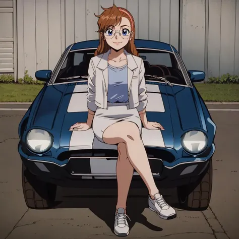 masterpiece,high quality,solo,outdoors,car,Cobra GT500,
<lora:beckyfarrah001:0.7>,looking at viewer,smile,
beckyfarrah,1girl,
long hair,brown hair,hairband,forelock,blue eyes,glasses,(freckles:0.7),
jacket,shirt,
pencil skirt,
shoes,
full body,sitting,