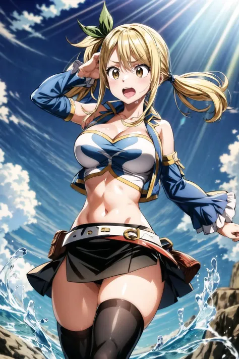 asterpiece, best quality, highres, lucy heartfilia, blonde hair, twintails, large breasts, black thighhighs, detached sleeves, midriff, cropped vest, strapless, belt, black skirt, <lora:lucy_heartfilia_v11:0.7>, cowboy shot, outdoors, kicking, embarrassed, <lora:add_detail:1>,light rays, water splash