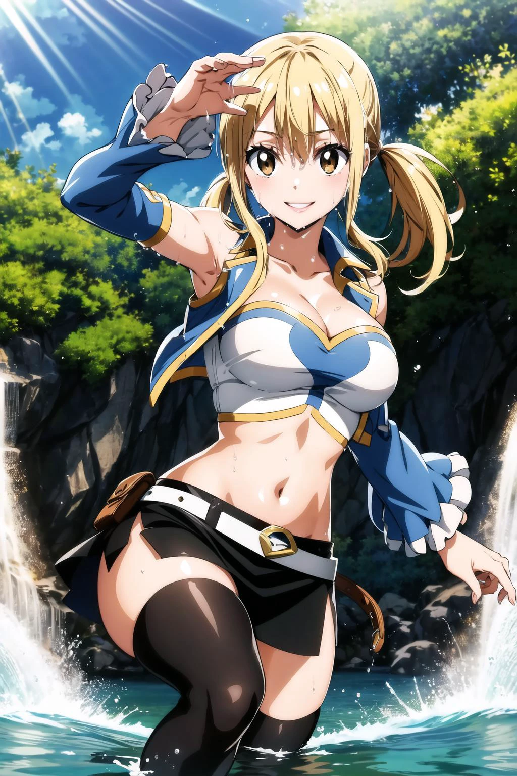 asterpiece, best quality, highres, lucy heartfilia, blonde hair, twintails, large breasts, black thighhighs, detached sleeves, midriff, cropped vest, strapless, belt, black skirt, <lora:lucy_heartfilia_v11:0.7>, cowboy shot, outdoors, kicking, smile, <lora:add_detail:0.3>,light rays, water splash, wet clothes,