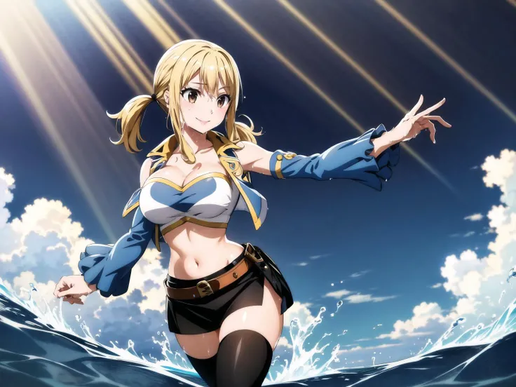 1girl, asterpiece, best quality, highres, lucy heartfilia, blonde hair, twintails, large breasts, black thighhighs, detached sleeves, midriff, cropped vest, strapless, belt, black skirt, <lora:lucy_heartfilia_v11:0.7>, cowboy shot, outdoors, kicking, smile, <lora:add_detail:0.3>,light rays, water splash, wet clothes, pink underwear, brown eyes,
