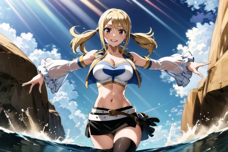 1girl, asterpiece, best quality, highres, lucy heartfilia, blonde hair, twintails, large breasts, black thighhighs, detached sleeves, midriff, cropped vest, strapless, belt, black skirt, <lora:lucy_heartfilia_v11:0.7>, cowboy shot, outdoors, kicking, smile, <lora:add_detail:0.3>,light rays, water splash, wet clothes, white underwear, brown eyes,