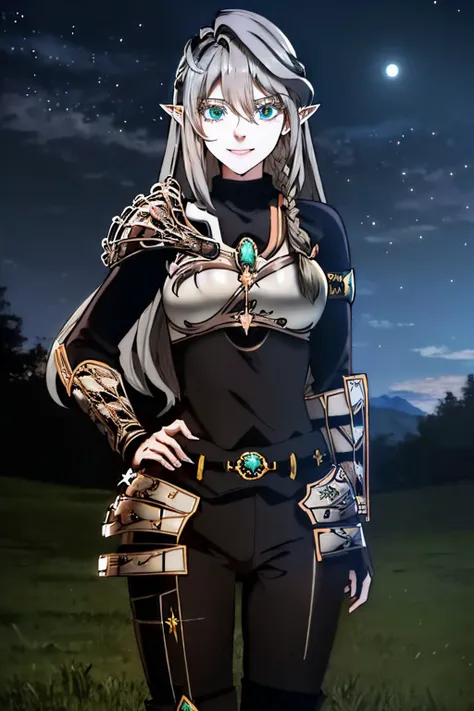 (masterpiece, best quality:1.2), <lyco:TessiaEralith_V1-Manityro:0.9>, cowboy shot, solo, 1girl, tesbattle, smile, looking at viewer, hand on hip, armor, breastplate, single shoulder pad, black bodysuit, night, star \(sky\)