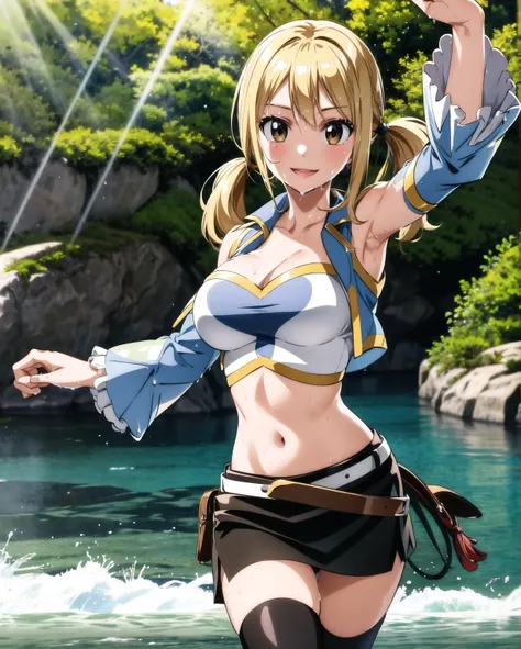 1girl,  asterpiece, best quality, highres, lucy heartfilia, blonde hair, twintails, large breasts, black thighhighs, detached sleeves, midriff, cropped vest, strapless, belt, black skirt, <lora:lucy_heartfilia_v11:0.8>, cowboy shot, outdoors, kicking, smile,  <lora:add_detail:0.3>,light rays, water splash, wet clothes, white underwear, brown eyes,