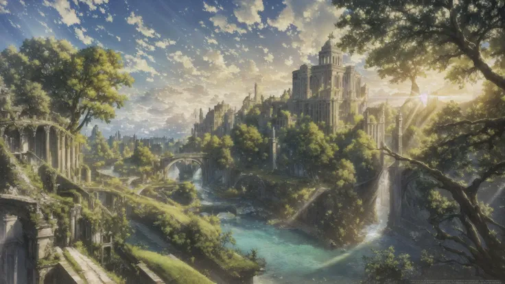 ((masterpiece:1.4,best quality)),bird, cloud, light_rays, long_hair, outdoors, river, ruins, scenery, sky, sunbeam, sunlight, watert, water,comfortable， reasonable structure，shock，high detail，abundant，8k，green,tree,Reasonable light and dark relationship，high detail, wallpaper