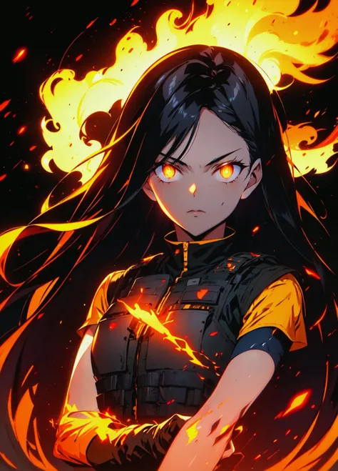 <lora:r1ge - AnimeRage:0.8> r1ge, Girl, black hair, (long hair:1.2), (straight hair:1.2), hairpin, yellow eyes, glowing eyes, (special forces uniform:1.2), elbow pads, (bulletproof vest:1.3), black background, fire in the background, (body on fire:1.2), (eyes on fire:1.3), hands on fire