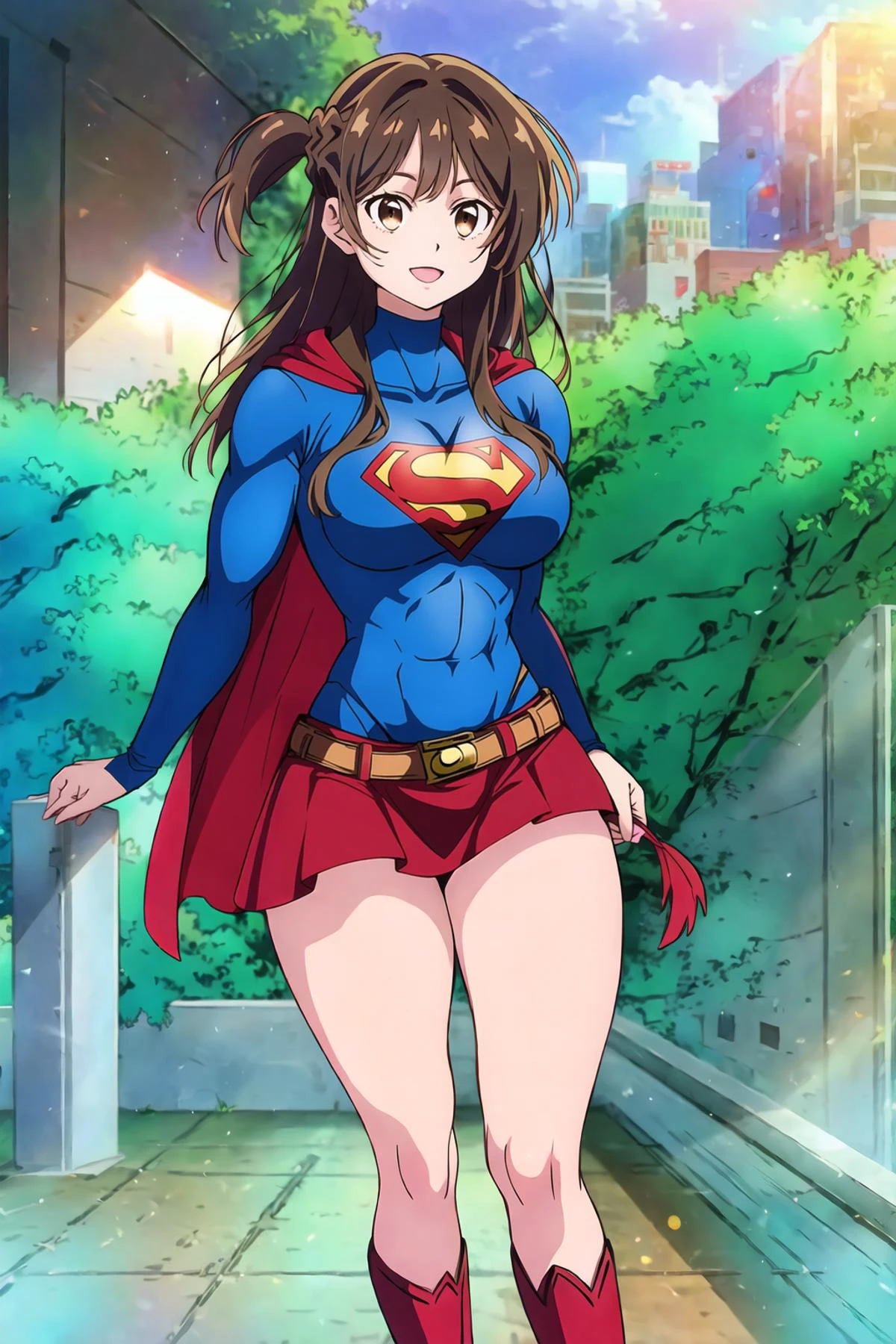 chizuru, 1girl,brown hair,long hair,bangs,one side up,braid,brown eyes,(skin tight), solo, outdoors, long sleeves, park, happy, <lora:Chizuru Mizuhara_Sysdeep:1> (muscular female), thick thighs, biceps, taut clothes, (red and gold superman s in the middle of chest), red cape, blue shirt, belt, red skirt, knee boot <lora:Supergirl Cosplay Outfit:0.7> (abs), spandex,