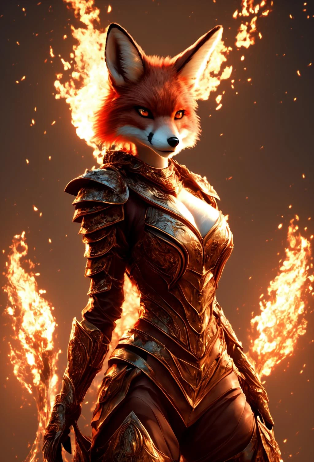Masterpiece, (high resolution:1.2), (beautiful composition), (extremely detailed face:1.1), (cute, 1girl), fire, standing, <lora:Fire Lora v1:1.0> furry, fox, fox ears, red fur, armor