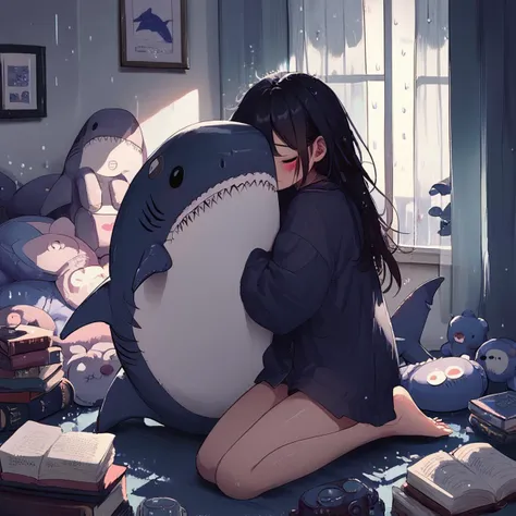 score_9,score_8_up,score_7_up,
LowKeyLights_v2, 1girl,solo,long hair,blush,bangs,black hair,long sleeves,sitting,closed eyes,barefoot,indoors,book,window,kneeling,stuffed toy,stuffed animal,curtains,rain,object hug,shark,stuffed shark
 <lora:low-key_lights_v2_pony:0.8>