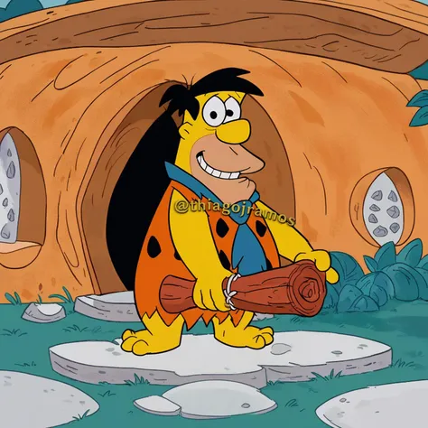 score_9, score_8_up, score_7_up, full body, FredFlintstone, solo, outdoor, looking at viewer, holding a wooden club over his shoulder, theSimpsonsstyle, four fingers, circle eyes, overbite, dot pupil, source_cartoon, toony, yellow skin, standing in front a stone house, <lora:FredFlintstone:1>, <lora:The_Simpsons_style:0.8>