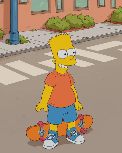 score_9, score_8_up, score_7_up, zPDXL, four fingers, circle eyes, overbite, dot pupil, source_cartoon, toony, theSimpsonsstyle, yellow skin, solo, 1boy, kid, Bart Simpson, spiky hair, orange shirt, blue shorts, blue shoes, smiling, parking lot, leaning on skateboard, <lora:The_Simpsons_style:0.95>