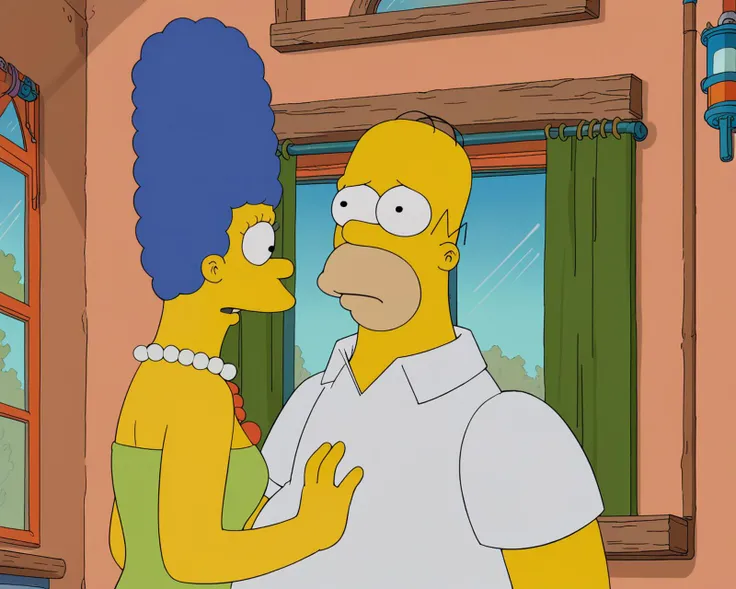 score_9, score_8_up, score_7_up, zPDXL, four fingers, circle eyes, overbite, dot pupil, source_cartoon, theSimpsonsstyle, 1girl, 1boy, jewelry, blue hair, necklace, window, colored skin, pearl necklace, afro, yellow skin, Marge Simpson, beehive hairdo, Homer Simpson, balding, beard stubble, white shirt, green dress  <lora:The_Simpsons_style:1>