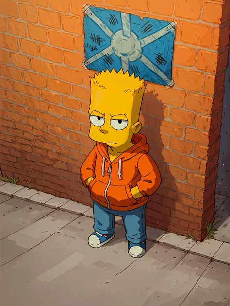 score_9,score_8_up,score_7_up,zPDXL,cityscape background,sunset,half-body shot,solo,looking at viewer,four fingers,circle eyes,dot pupil,source_cartoon,toony,theSimpsonsstyle,yellow skin,1boy,kid,Bart Simpson,spiky hair,daring,serious look,<lora:The_Simpsons_style:1>,<lora:B0ld01lp41nt:0.6>,B0ld01lp41nt,orange hoodie,blue jeans,hands in pocket,against a wall,(graffiti wall,Fence),high angle,high angle,hydrant,