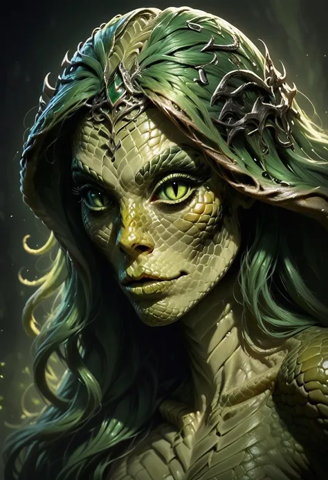 <lora:Drkpny:0.7>, drkpny, score_9, score_8_up, score_7_up, score_6_up, score_5_up, score_4_up, 1girl, naga woman, snake woman, green hair, slit pupils, beautiful eyes, dungeons and dragons, portrait, up close, freckles, long hair, realistic, high quality, detailed, fantasy dark cave background