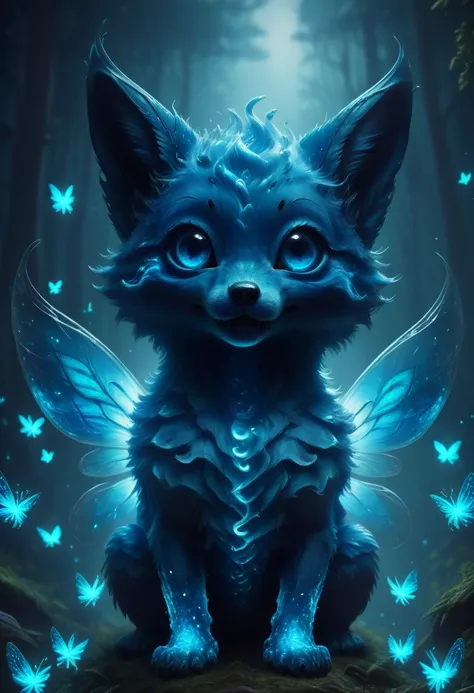 <lora:Drkpny:0.7>, drkpny, score_9, score_8_up, score_7_up, score_6_up, score_5_up, score_4_up, ethereal ghost baby fox, adorable, cartoon character, glowing blue eyes, glowing butterflies, night time fantasy forest, realistic, extremely detailed, no humans