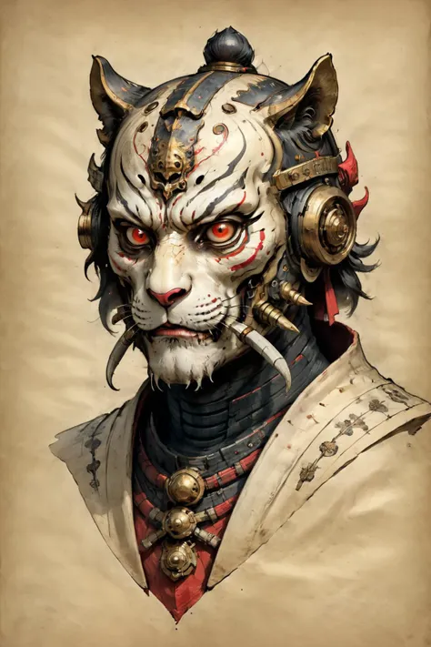 tiger head, shogun, samurai helmet, photorealistic, absurdres, red ink, complex, shrouded in dark smoke, black smoke,  detailed anatomical diagram, blueprint, mechanical joints, (cybernetic implants, cross section, isometric:1.3), samurai armor,   <lora:ParchartXL_CODA:1> on parchment,  <lora:DarkPony:0.5> drkpny