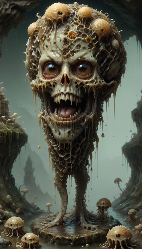 1 fleshy, pulsating hive, blinking eyes, wriggling tentacles, oversized mouth, needle-like teeth, dimly lit cave, phosphorescent fungi, moist air, scent of decay, translucent insect creatures, tattered doll offering, fleshy tendrils, hyperrealistic, visceral textures, muted color palette, ((body horror, unsettling, bizarre)). <lora:detailed_notrigger:0.8> <lora:ral-hnycmb:0.8> ral-hnycmb <lora:DarkPony:0.8> drkpny
