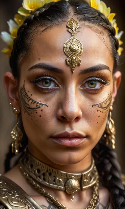 (extreme close up of eyes:1.5), pretty woman warrior, elegant features, high cheekbones, proud gaze, smooth olive skin, delicate tribal tattoos, intricate braids with beads and charms, ornate golden armor with engravings, vibrant flower above ear, photorealistic, detailed, soft lighting, muscular body, ((regal, beautiful, confident)). <lora:add-detail-xl:0.8> <lora:DarkPony:0.8> drkpny