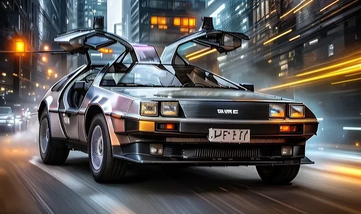 DMC12,modern city. DMC-12 ride on the street, time travel, hovers amidst holographic visualizations of temporal lines. futuristic DMC12 leaves trails of light, impression of temporal journeys. magic of the past with technological progress, steampunk, soft light, realistic, photorealism, hitech, UHD, 8k, . <lora:DMC12-000004:1>
