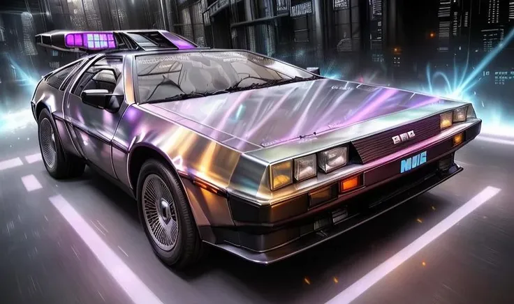 DMC12,modern city. DMC-12 ride on the street, time travel, hovers amidst holographic visualizations of temporal lines. futuristic DMC12 leaves trails of light, impression of temporal journeys. magic of the past with technological progress, steampunk, soft light, realistic, photorealism, hitech, UHD, 8k, . <lora:DMC12-000006:1>