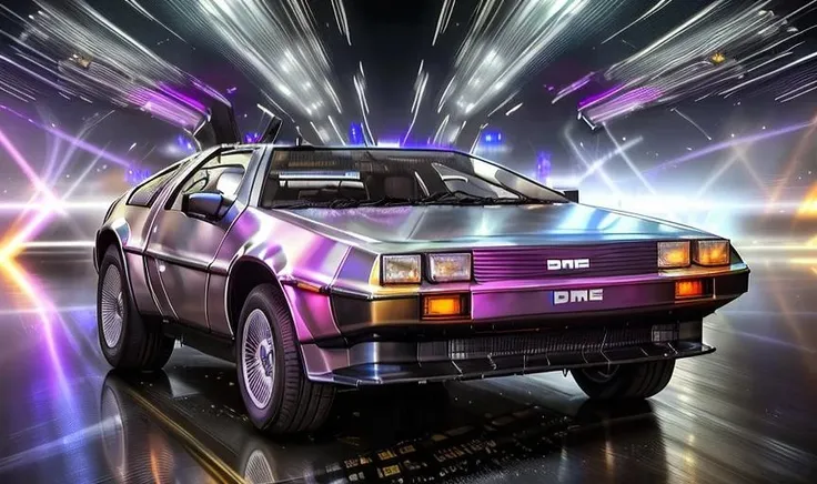 DMC12,modern city. DMC-12 ride on the street, time travel, hovers amidst holographic visualizations of temporal lines. futuristic DMC12 leaves trails of light, impression of temporal journeys. magic of the past with technological progress, steampunk, soft light, realistic, photorealism, hitech, UHD, 8k, . <lora:DMC12-000006:1>