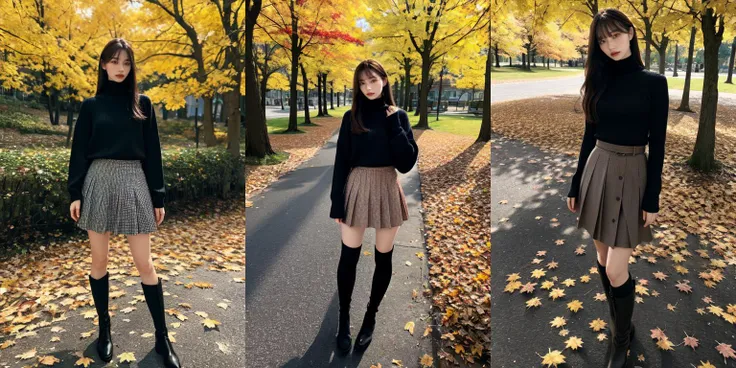highly insanely detailed, masterpiece, top quality, best quality, highres, 4k, 8k, RAW photo, (very aesthetic, beautiful and aesthetic), 1girl, solo, photo background, outdoors, skirt, tree, standing, full body, long hair, autumn, day, looking at viewer, sweater, bangs, long sleeves, boots, sleeves past wrists, turtleneck, brown hair, realistic, lips, parted lips, shirt, black hair, socks, brown eyes, head tilt, autumn leaves,
<lora:Okamoto Hinana:0.8>