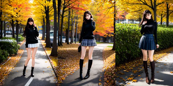highly insanely detailed, masterpiece, top quality, best quality, highres, 4k, 8k, RAW photo, (very aesthetic, beautiful and aesthetic), 1girl, solo, photo background, outdoors, skirt, tree, standing, full body, long hair, autumn, day, looking at viewer, sweater, bangs, long sleeves, boots, sleeves past wrists, turtleneck, brown hair, realistic, lips, parted lips, shirt, black hair, socks, brown eyes, head tilt, autumn leaves,
<lora:Okamoto Hinana:0.8>