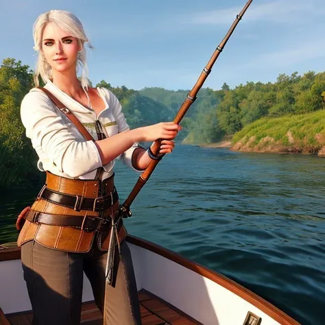 <lora:Ciri2_Wrise:0.7>
woman in a boat, fishing rod in hand, natural, hight quality, photorealism