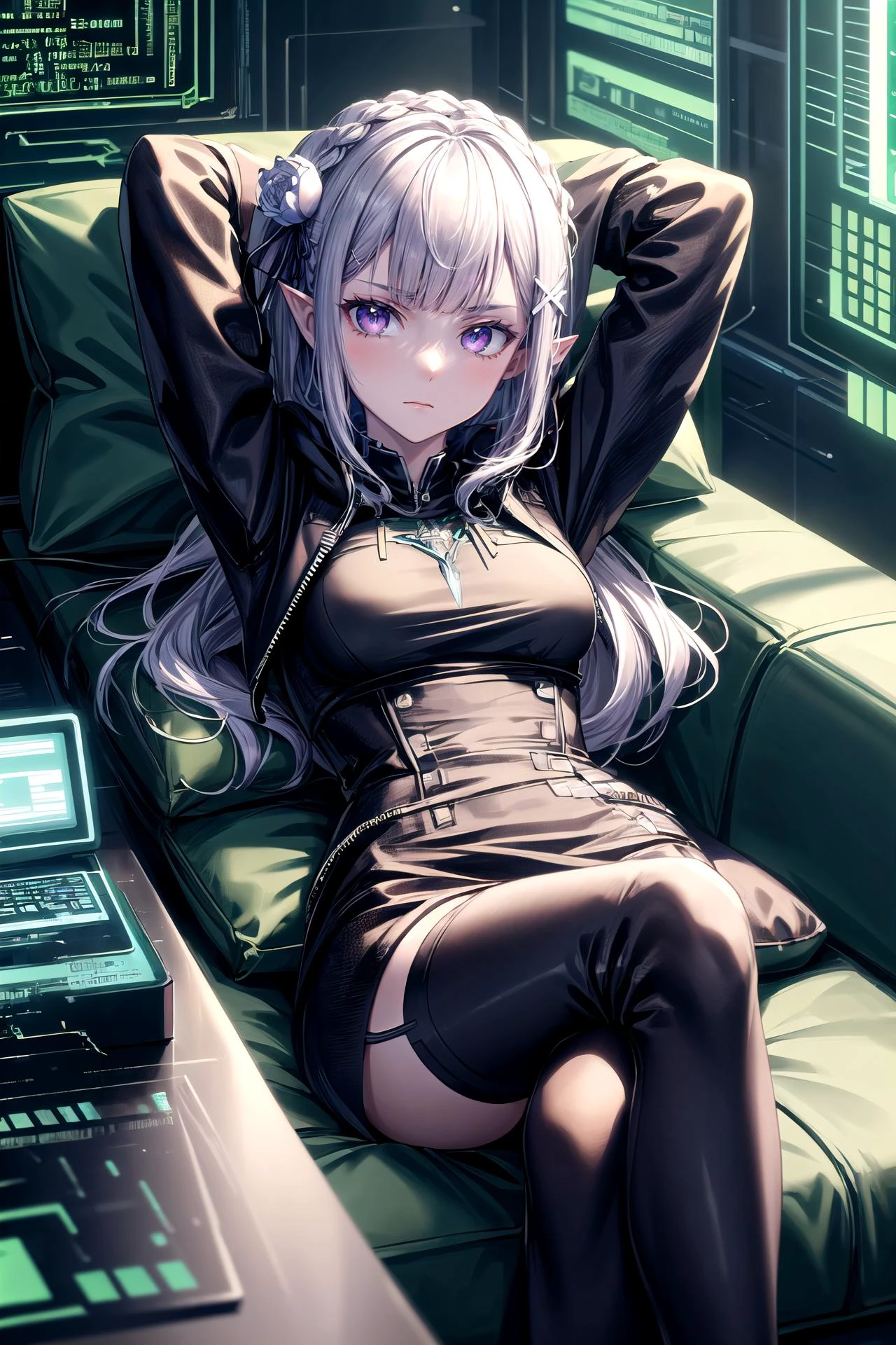 (masterpiece, best quality, detailed), 1girl, solo, looking at viewer, black hoodie, <lora:LoRA_Emilia:0.7>, grey hair, crown braid, white flower, ribbon, pointy ears, purple eyes, braid, rose, flower, hair flower, x hair ornament, bangs, blunt bangs, long hair, white hair, <lora:HackedTech-20:1.1>, hackedtech, hoodie, leather, data stream, green hues, indoors, couch, pillow, window, curtains, potted plant, lying, on back, arms behind head, closed mouth, cyberpunk, matrix, crossed legs, serious
