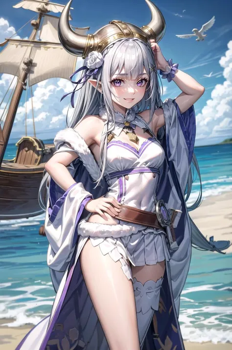 (masterpiece, best quality, detailed), 1girl, solo, grey hair, crown braid, white flower, ribbon, pointy ears, purple eyes, braid, rose, flower, hair flower, x hair ornament, bangs, blunt bangs, long hair, white hair, looking at viewer,
<lora:AncientVikings:0.9>, ancient viking, viking helmet, horned helmet, fur trim, helmet, ship, ocean, waves, seagull, cloudy sky, arms on hips, smirk