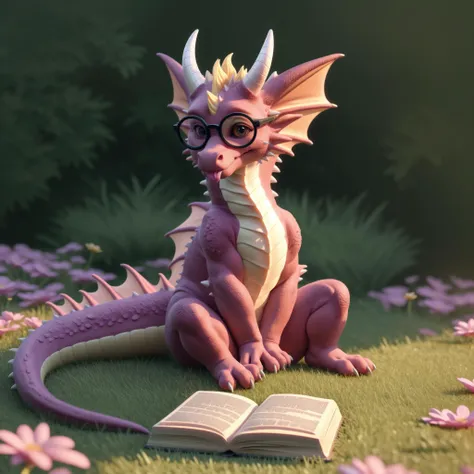 solo, super cute, ridiculously cute, adorable, smol fluffy dragon sitting on grass surrounded by flowers, (ð¤), (blep), (book), horns, background