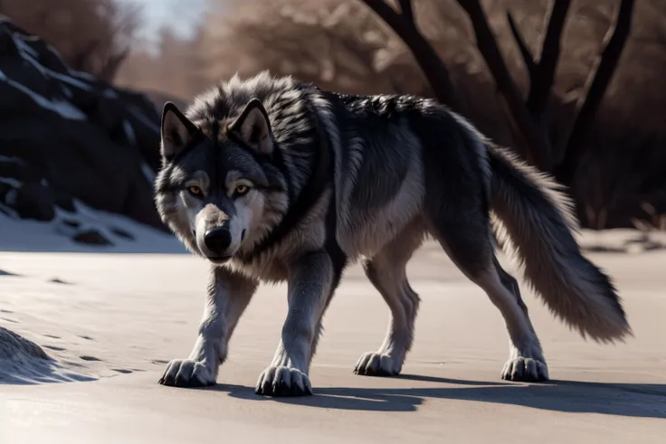 Wolf, feral, (intricately_detailed), (photo_realistic:1.5), RAW, 8k, (extremely_detailed_fur), eye_reflection, subsurface_scattering