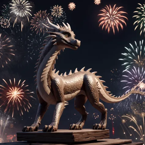 solo, eastern_dragon, adorable, horrifyingly_cute, lunar new year, fireworks, carved_(wooden_sculptures)