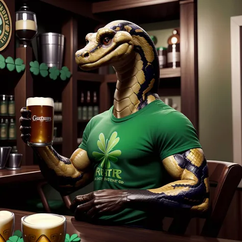solo, male, anthro_snake, ((holding_pint_of_guiness)), irish_pub, scales, clover_patterned_t-shirt, long_neck, sitting at a table, side-view, smiling, "Who said there weren't any snakes in Ireland?"