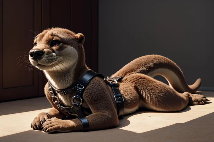 anthro, solo, otter, female, cute, leather_harness, realistic, lying on stomach, coy, tied_up
