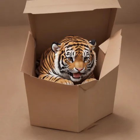 cute feral tiger in a cardboard box