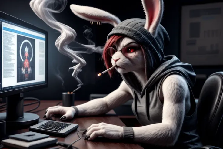 1girl, white_rabbit_girl, bunny_ears, red_eyes, angry, hacker, headphones, tanktop, hoodie, smoking_cigarette, black_beanie, piercings, round_frame_glasses, computer_keyboard, computer_monitor, irate_scowl,