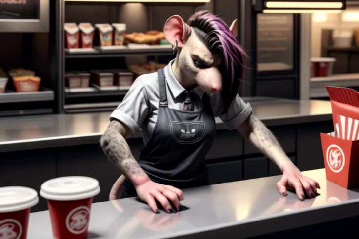 dynamic_angle, line_of_action,
1girl, rat_girl, tired_eyes, undercut_hair, piercings, annoyed_frown, fast_food_employee_behind_counter,
"Sir, this is a Wendys"
