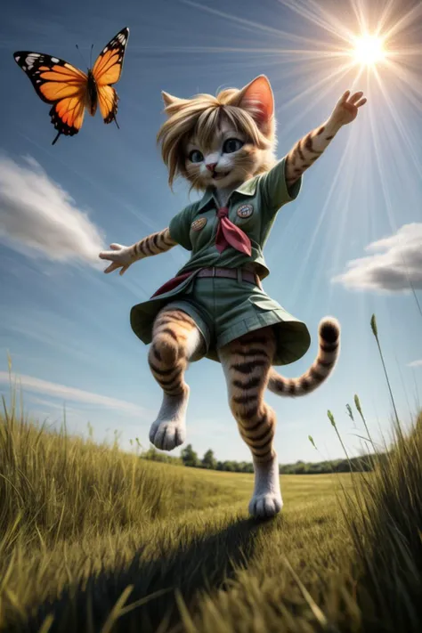 dynamic_pose, line_of_action,
The cutest kitten girl_scout, skipping through a grassy meadow, on a sunlit summer day, butterflies, sun_rays, clouds,