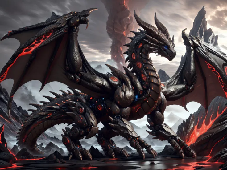 feral, giant, dragon, molten rock, volcano, onyx_scales, scalie, (masterpiece:1.2), best quality, detailed background, detailed eyes, detailed face, <lora:Misc_Mechanized_a1_5_VPred:1> (mechanized:1.2), <lora:DemonicTech:0.6> (wings_unfurled), shimmering