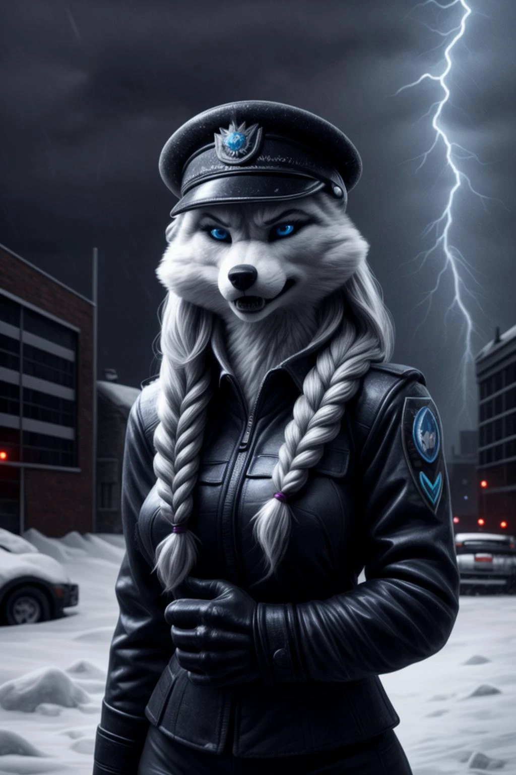 Propaganda_poster, defiant_dominant_pose,
stormy_night, (blizzard:1.2), sleet, hail, lightening, grim_weather_for_grim_deeds,
1girl, arctic_fox_girl, <lora:elsa:0.7> elsa, blue eyes, long hair, single braid, peaked_cap, black_uniform, angry_sneer,