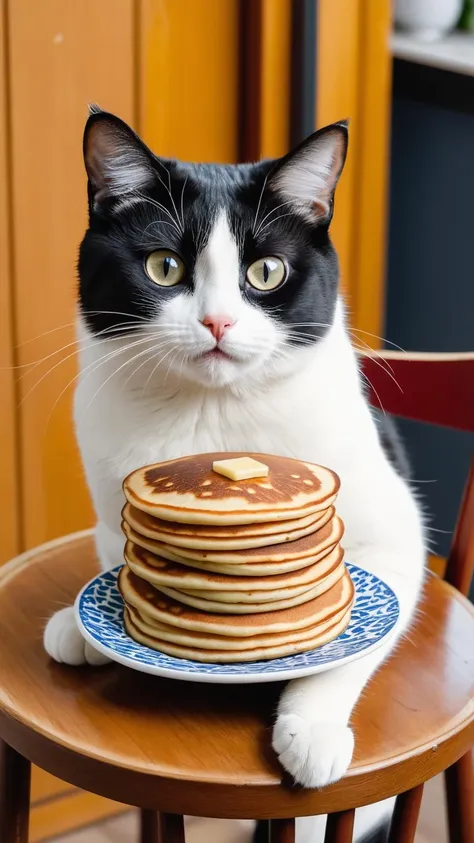 A cat with a funny face sits on a wooden chair and looks at a stack of blini pancakes, detailed black and white cat
