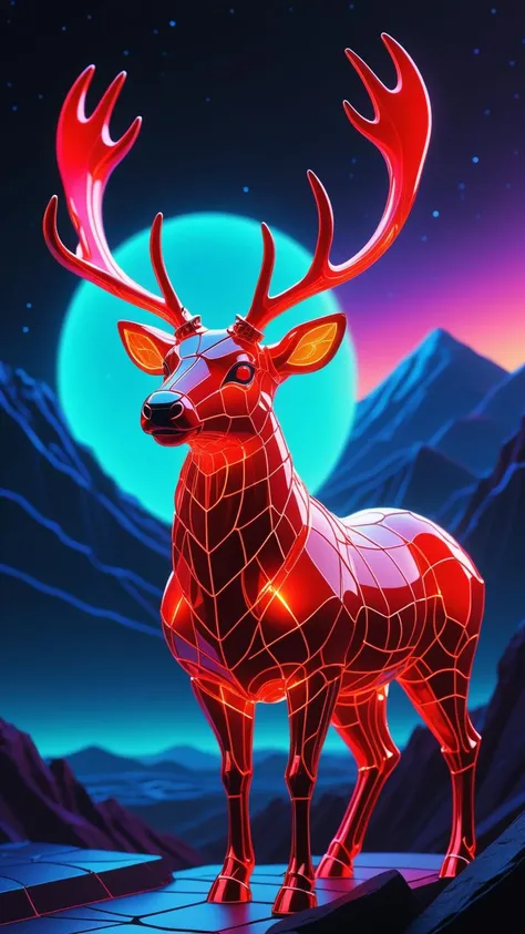 instant christmas, neon red reindeer, high quality fantasy art of a beautiful raging reindeer made of transparent glass, glowing within, delicate figurine, red nose, kawaii, chibi, adorable, flame eyes, ultra Realistic, Extreme Detailed, beautiful Prism light, neon light, Glass made ultra Detailed transparent raging red reindeer, ultra transparent, wearing glass made transparent luxury Armor, Super high definition, reflective pools, HDR, Dark vaporwave color palette, eclipse, glowing archway, huge twisting vines, aerial view of rolling hills in bizarre alien landscape, Fibonacci, Enki, annunaki, monolith, megaliths with eyes, ufo, dna, cosmic serpent, vaporwave tiled liminal space, iris, pixel art, vaporwave aesthetic
