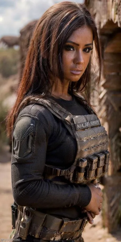 portrait of ashley_bulgari,
((best quality)), ((masterpiece)), ((hyper-realistic)), (ultra-detailed), photo, high quality,
posing for a photo,
(wearing grey jumper dress:1.3),
Tacticool, (bulletproof vest:1.4), military, (cleavage),
 (black yoga pants),
(crossed arms:1.2),
(medium closeup:1.2),
RAW candid cinema, 16mm, color graded portra 400 film, remarkable color, ultra realistic, textured skin, remarkable detailed pupils, realistic dull skin noise, visible skin detail, skin fuzz, dry skin, shot with cinematic camera,
ruins background,
detailed body,
(bokeh),(detailed), (intricate), (cinematic lighting), (sharp focus on eyes), (skin texture:1.4),
(highly detailed face, realistic skin texture), (skin pore),
8k uhd,
fujifilm xt3, (natural skin texture:1.2), by holly randall,
<lora:ashley_bulgari:0.9>, <lora:add_detail:0.5>,
<lora:Tacticool:0.5>