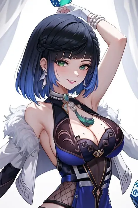 best quality, masterpiece, highres, solo, {yelan_genshin:1.15}, bangs, blue_hair, short_hair, green_eyes, breasts, jewelry, diagonal_bangs, large_breasts, bob_cut, earrings, black_hair, smile, cleavage, mole, multicolored_hair, dice, parted_lips, mole_on_breast, armpits, upper_body
