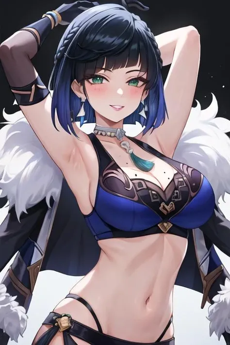 best quality, masterpiece, highres, solo, {yelan_genshin:1.15}, bangs, blue_hair, short_hair, green_eyes, breasts, jewelry, diagonal_bangs, large_breasts, bob_cut, earrings, black_hair, smile, cleavage, mole, multicolored_hair, dice, parted_lips, mole_on_breast, armpits, upper_body, 1girl, bare_shoulders, collarbone, looking_at_viewer, blush, navel, crop_top, midriff, braid, tank_top