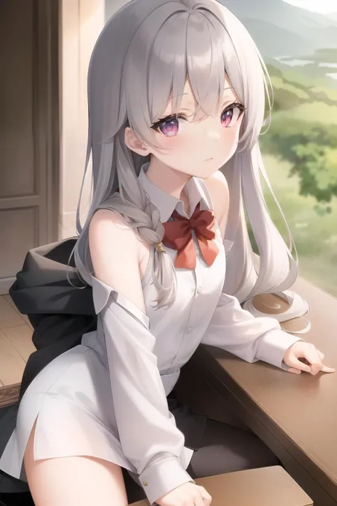 masterpiece, best quality, ultra-detailed, illustration, 1girl, [[EMB_elaina-no-hat]], ((cropped arms)), white shirt, skinny, flat chest, silver hair