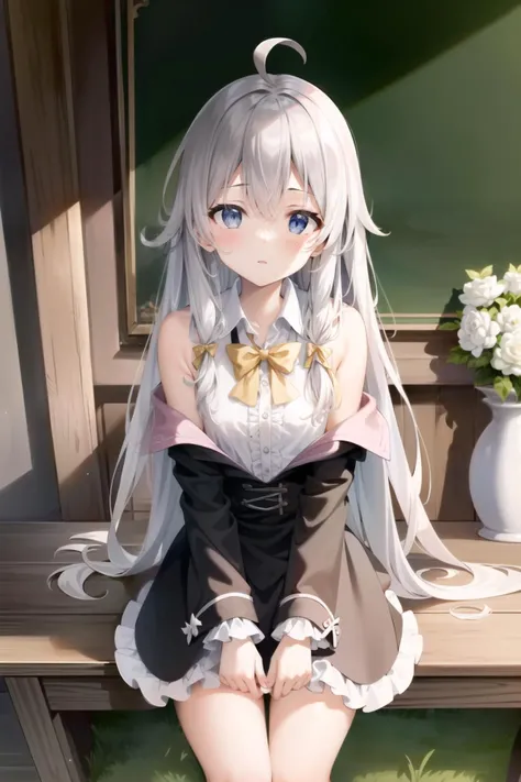 masterpiece, best quality, ultra-detailed, illustration, 1girl, (EMB_elaina-no-hat:0.9), ((cropped arms)), white shirt, skinny, flat chest, silver hair