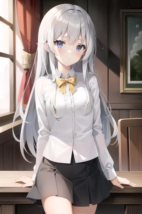 masterpiece, best quality, ultra-detailed, illustration, 1girl, (EMB_elaina-no-hat:0.7), ((cropped arms)), white shirt, skinny, flat chest, silver hair